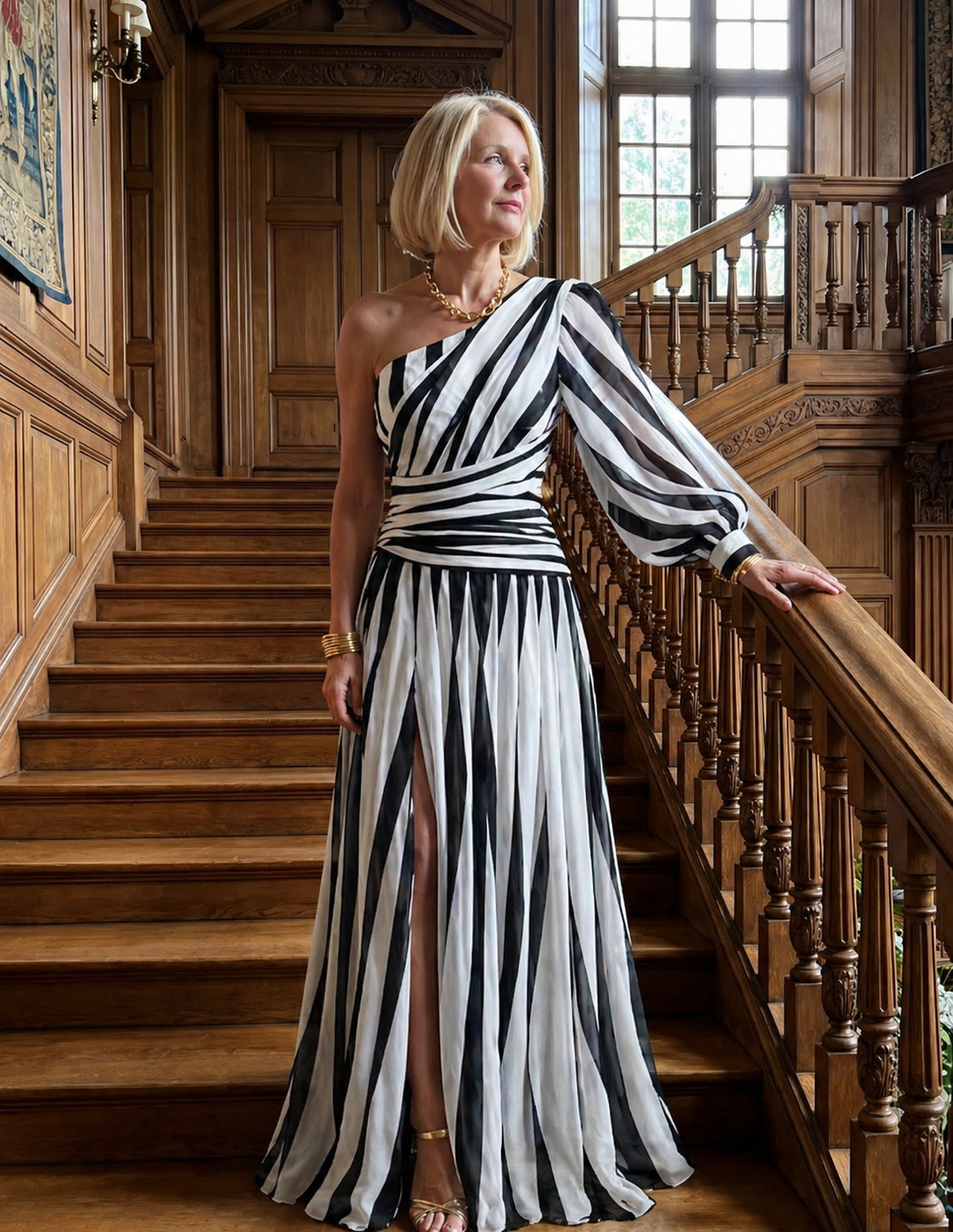 Elegant Striped Maxi Dress with One Shoulder