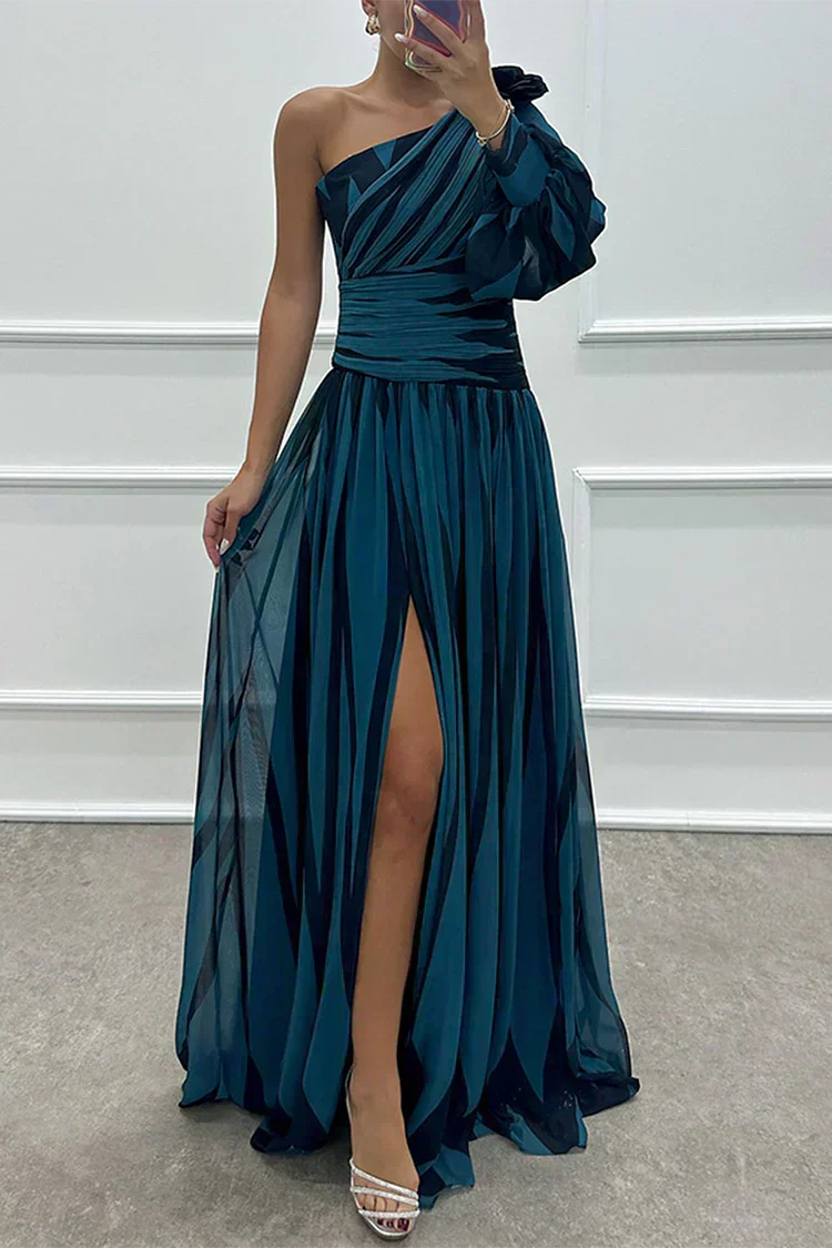 Elegant Striped Maxi Dress with One Shoulder