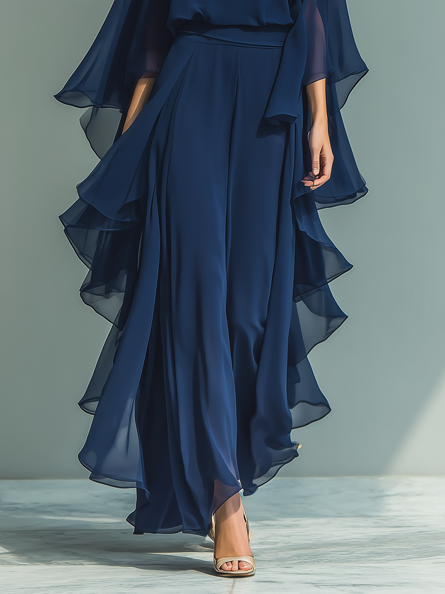 Marineblau Chiffon Set Rüschen - 