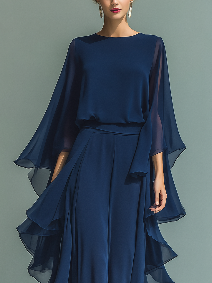 Marineblau Chiffon Set Rüschen - 