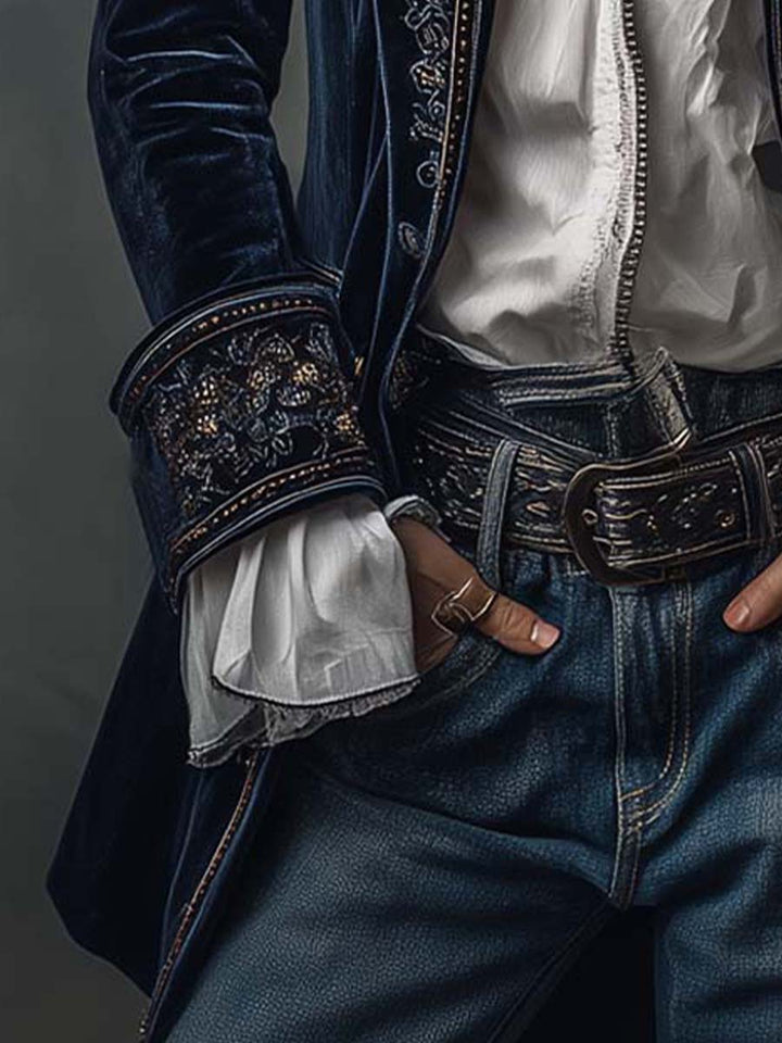 Athenais | Vintage Embroidered Long Navy Jacket