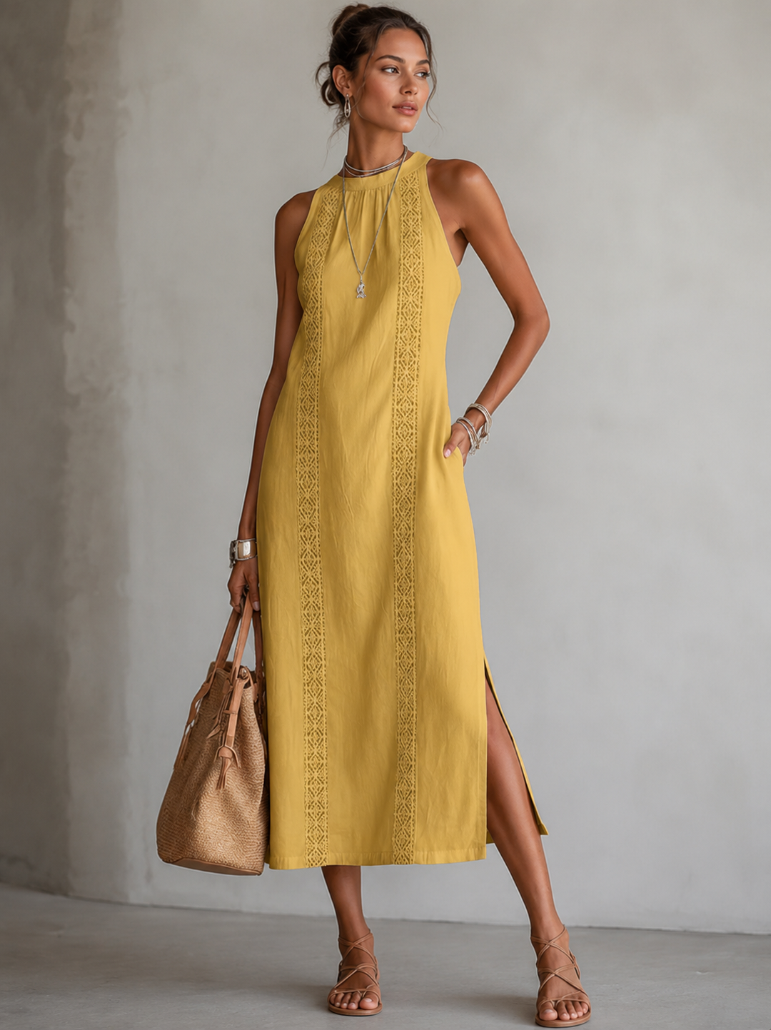 Marit | Luftiges bauchkaschierendes besticktes Kleid mit Taschen - Red