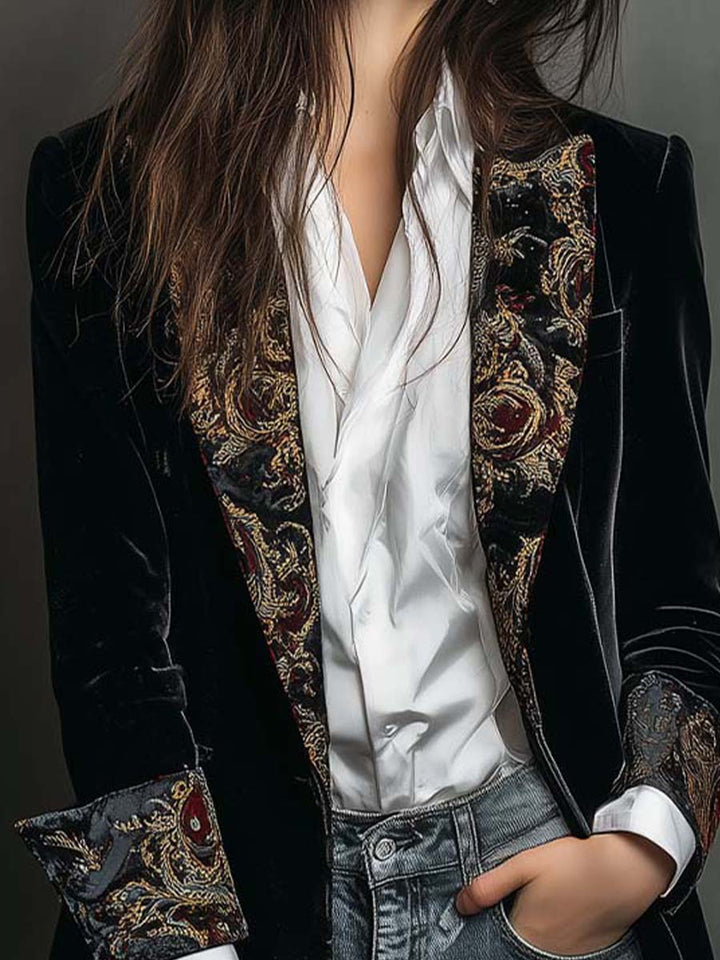 Leontine | Fitted Black Baroque-Print Blazer