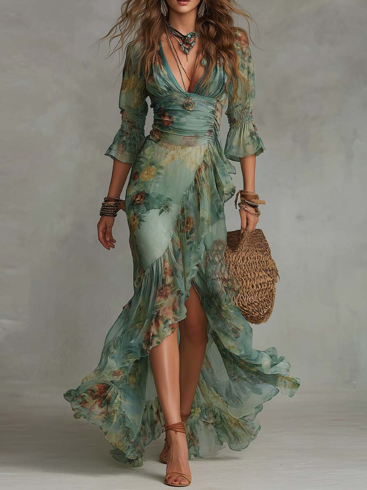 Aurora | Floral Maxi Kleid mit romantischem asymmetrischen Saum - Helen & Olivia Manhattan