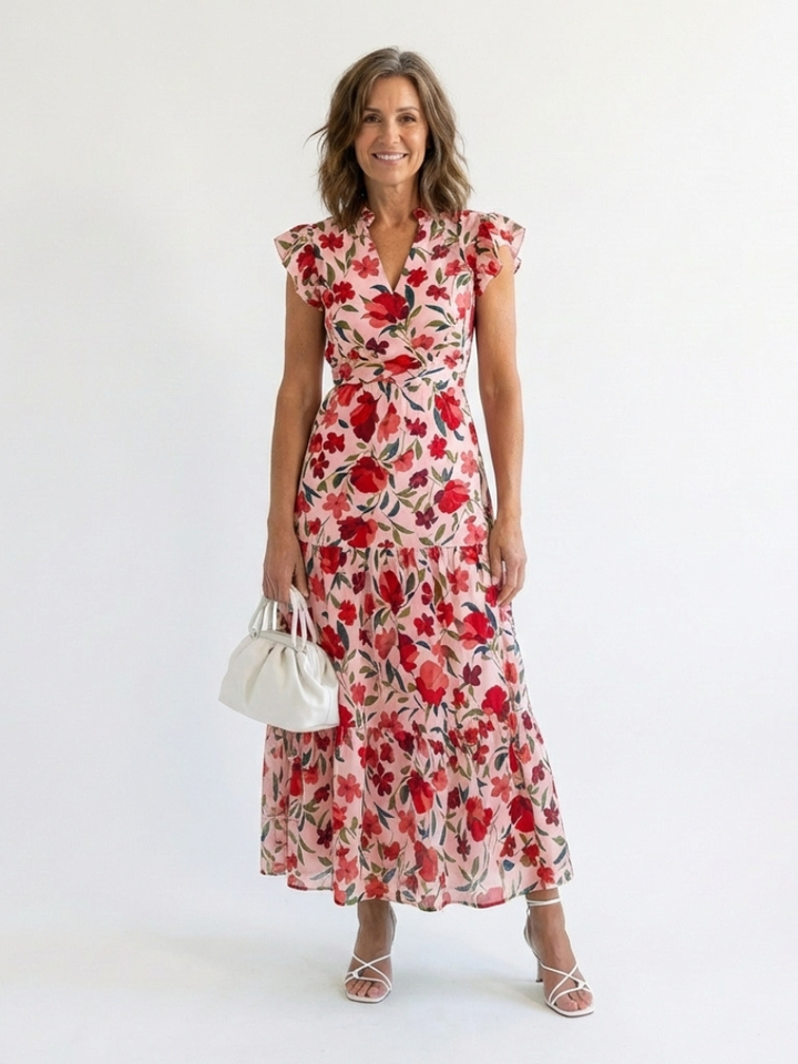 Marguerite | Breezy Floral V Neck Tiered Midi Dress