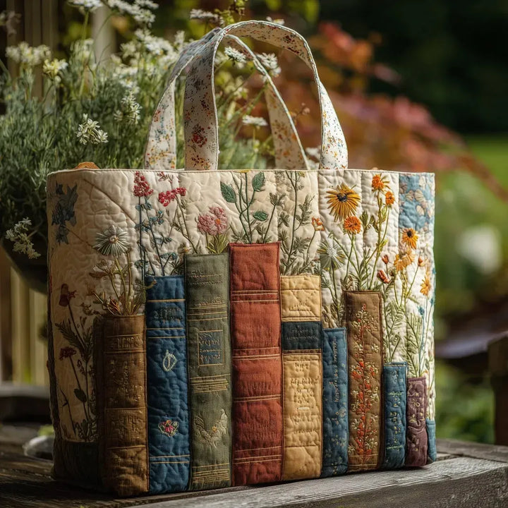 Artisanal Quilted Bag - Books & Flowers