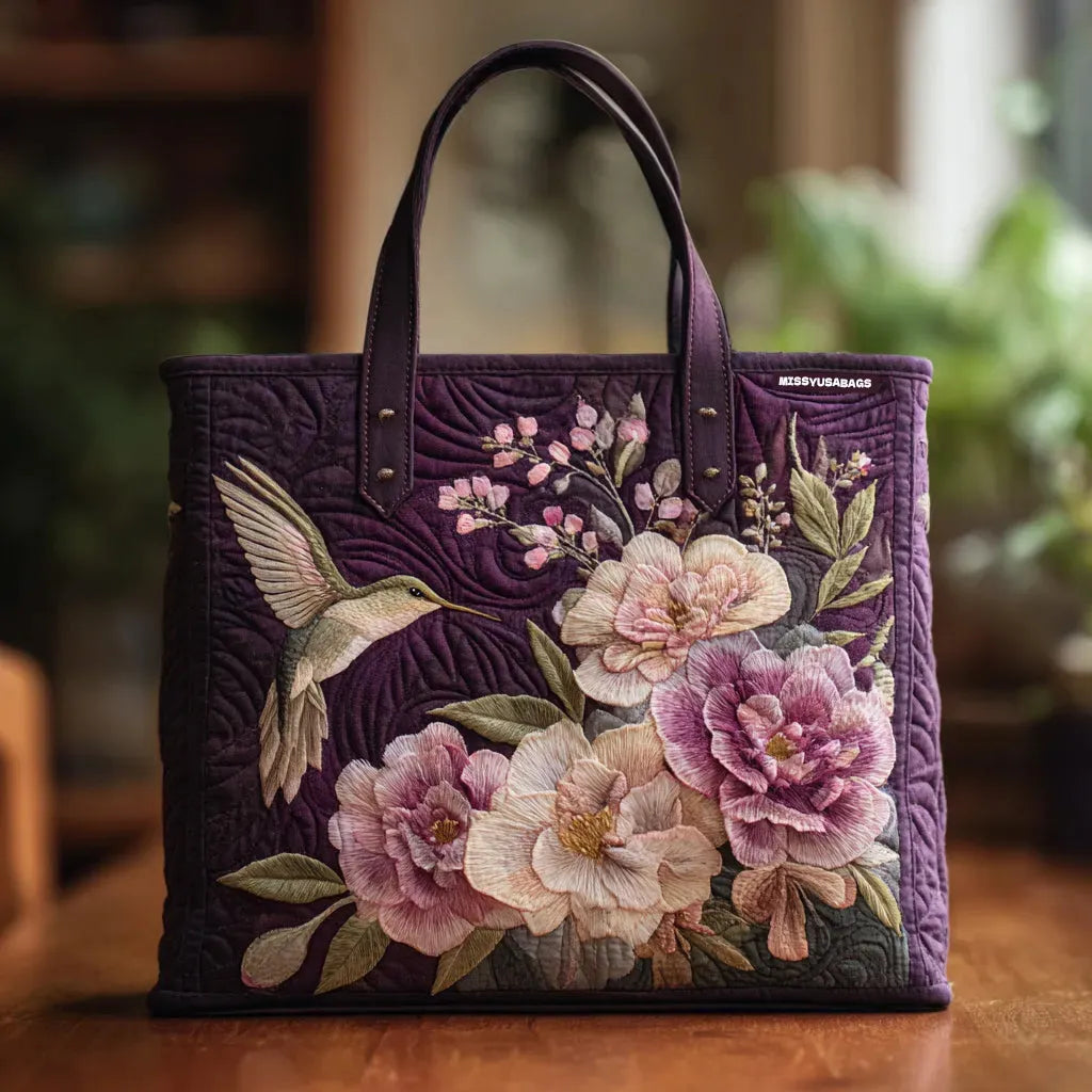 Quilted Tote Bag - Hummingbirds & Orchids