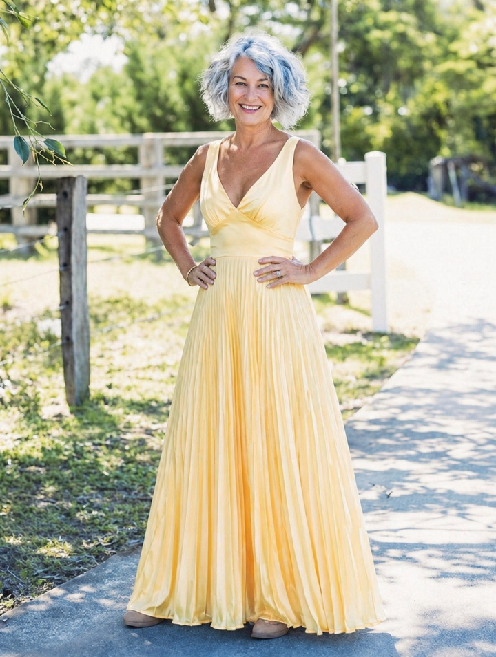 Pleated V-Neck Maxi Dress