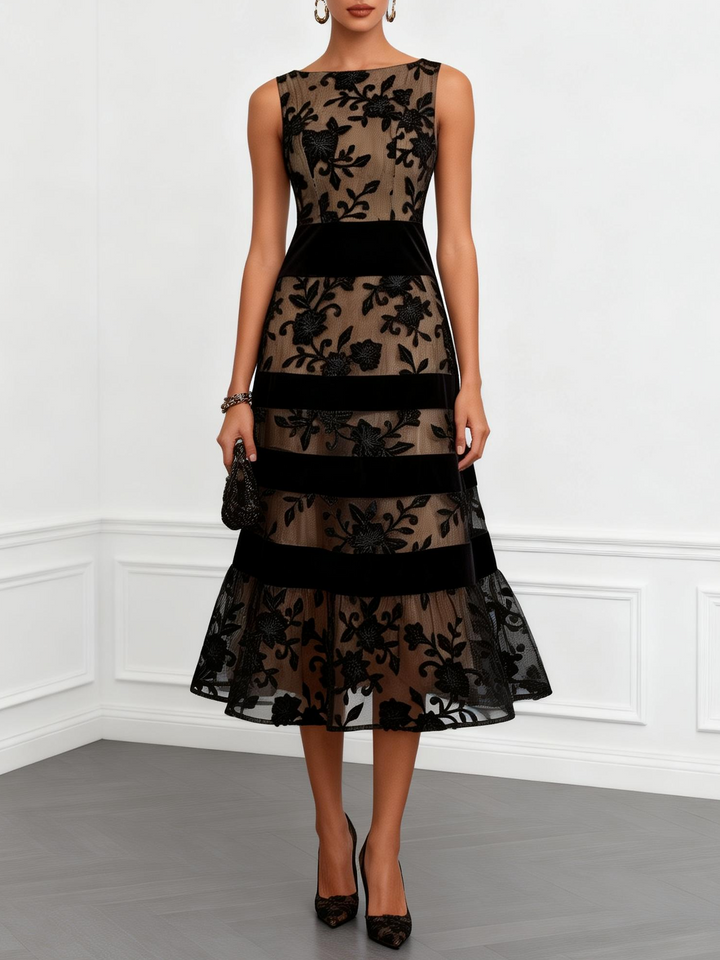 Jade | Black Mesh Floral Sleeveless A-Line Midi Dress - Helen & Olivia Manhattan