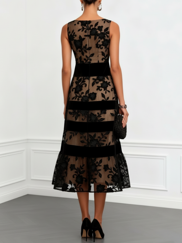 Jade | Black Mesh Floral Sleeveless A-Line Midi Dress - Helen & Olivia Manhattan