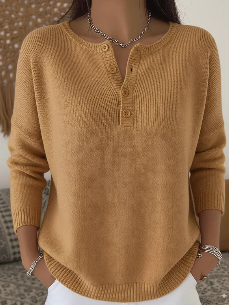 Helena | Henley Button-Up Knit Sweater - Camel