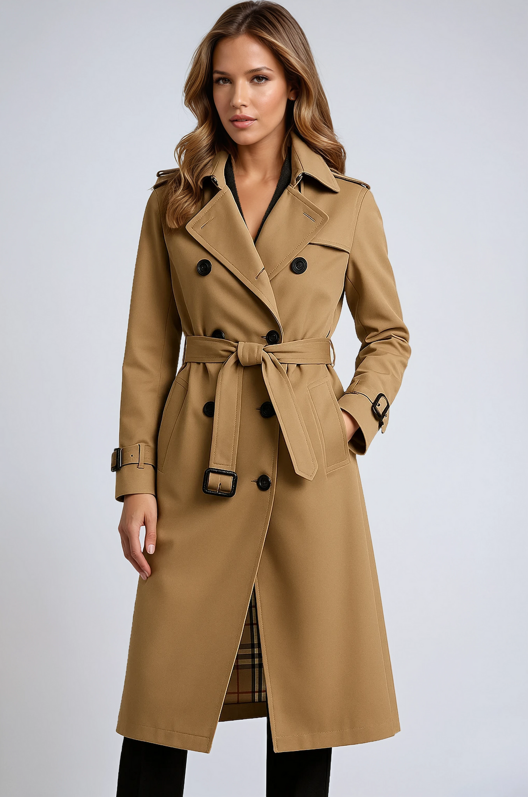 Clara | Stylish Double-Breasted Trench Coat with Belt - Beige
