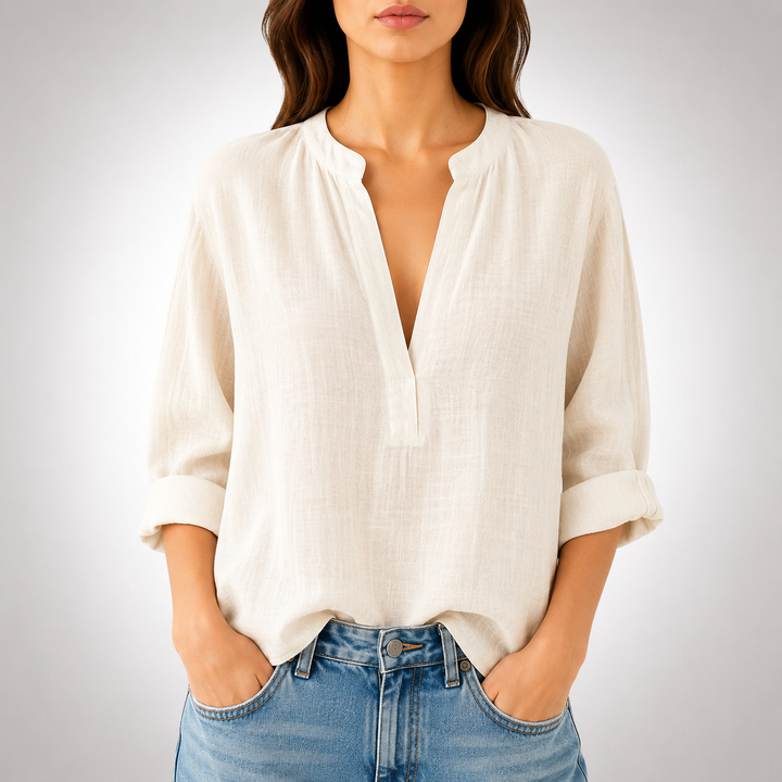 Mira | Linen Split Neck Blouse - Helen & Olivia Manhattan