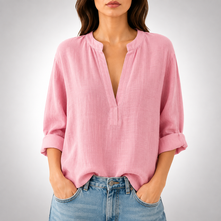 Mira | Linen Split Neck Blouse - Helen & Olivia Manhattan