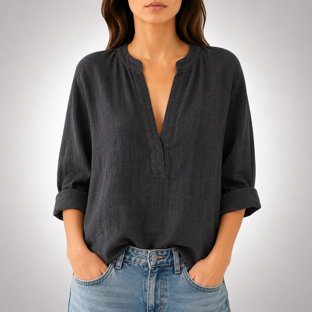 Mira | Linen Split Neck Blouse - Helen & Olivia Manhattan