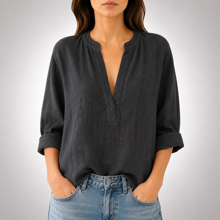 Mira | Linen Split Neck Blouse - Helen & Olivia Manhattan