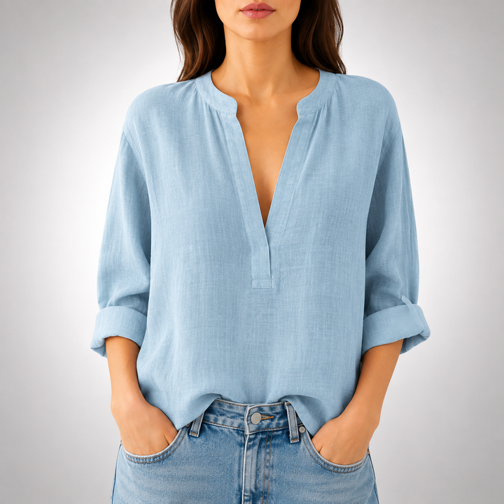 Mira | Linen Split Neck Blouse - Helen & Olivia Manhattan