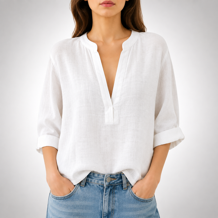 Mira | Linen Split Neck Blouse - Helen & Olivia Manhattan