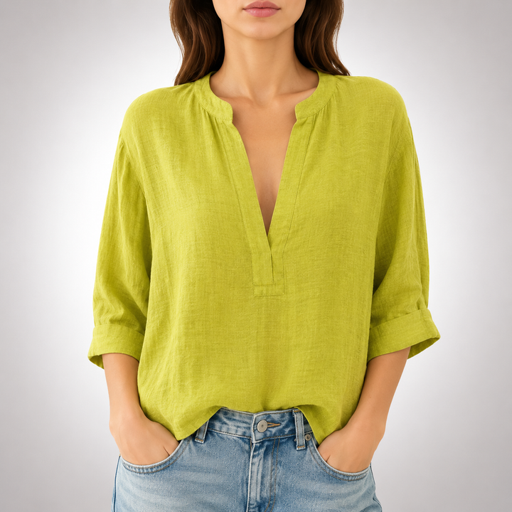 Mira | Linen Split Neck Blouse - Helen & Olivia Manhattan