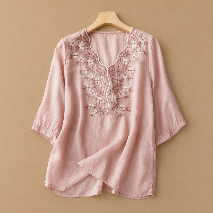 Mira | Linen Floral Embroidered Blouse - Helen & Olivia Manhattan