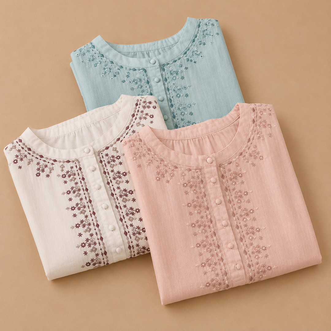 Lisette | Embroidered Cotton Linen Blouse - Helen & Olivia Manhattan