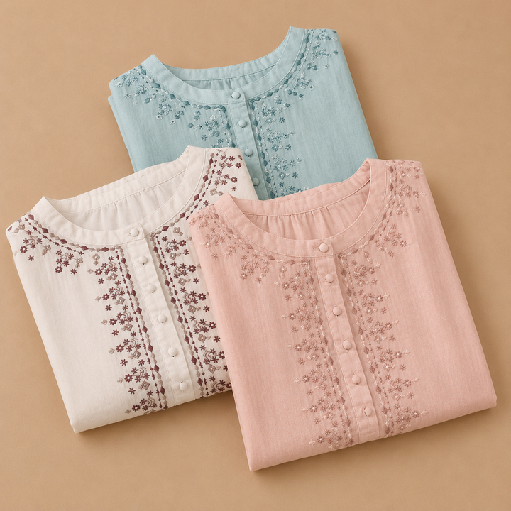 Lisette | Embroidered Cotton Linen Blouse - Helen & Olivia Manhattan