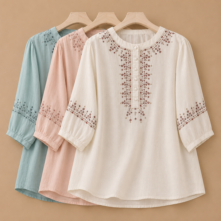 Lisette | Embroidered Cotton Linen Blouse - Helen & Olivia Manhattan