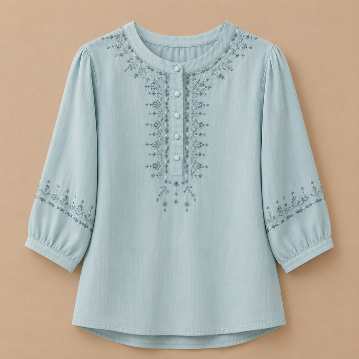Lisette | Embroidered Cotton Linen Blouse - Helen & Olivia Manhattan