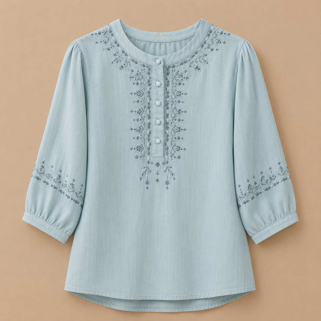 Lisette | Embroidered Cotton Linen Blouse - Helen & Olivia Manhattan