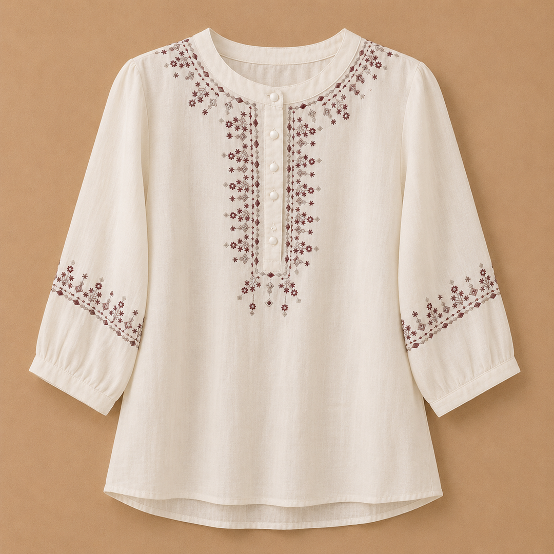 Lisette | Embroidered Cotton Linen Blouse - Helen & Olivia Manhattan