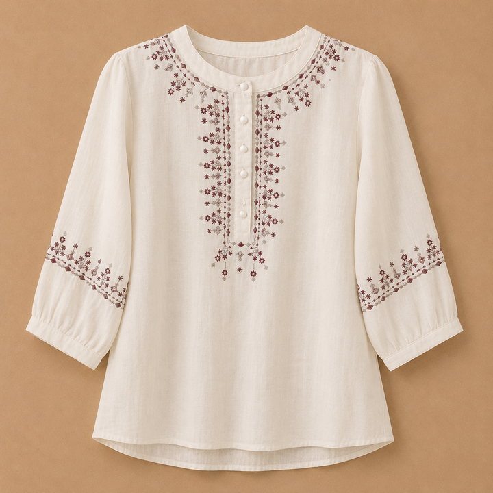 Lisette | Embroidered Cotton Linen Blouse - Helen & Olivia Manhattan