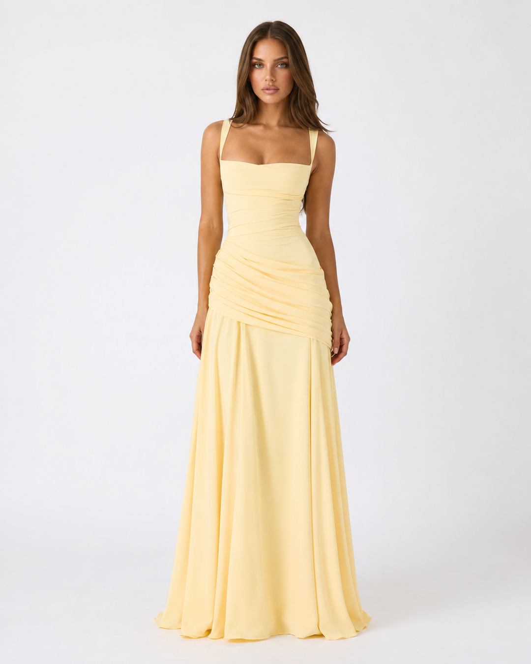 Enie | Draped Square-Neck Maxi Dress - Yellow