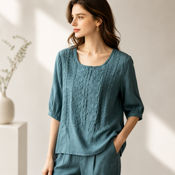 Aveline | Embroidered Cotton Blouse - Helen & Olivia Manhattan