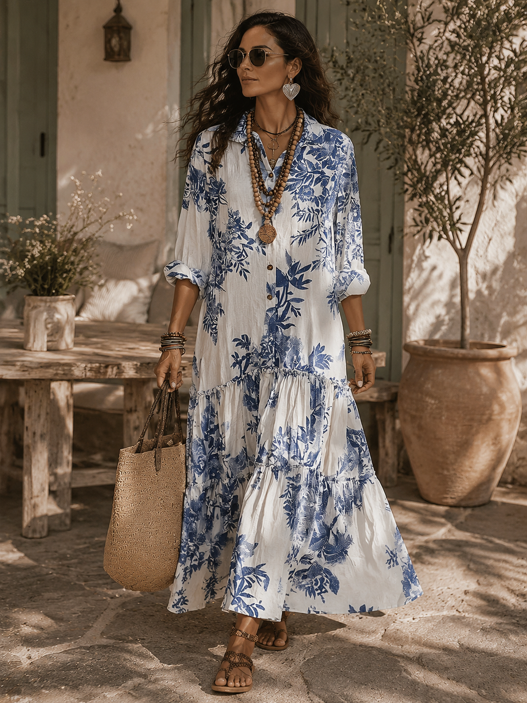 Fern | Bluee Floral with Buttons Maxi Dress