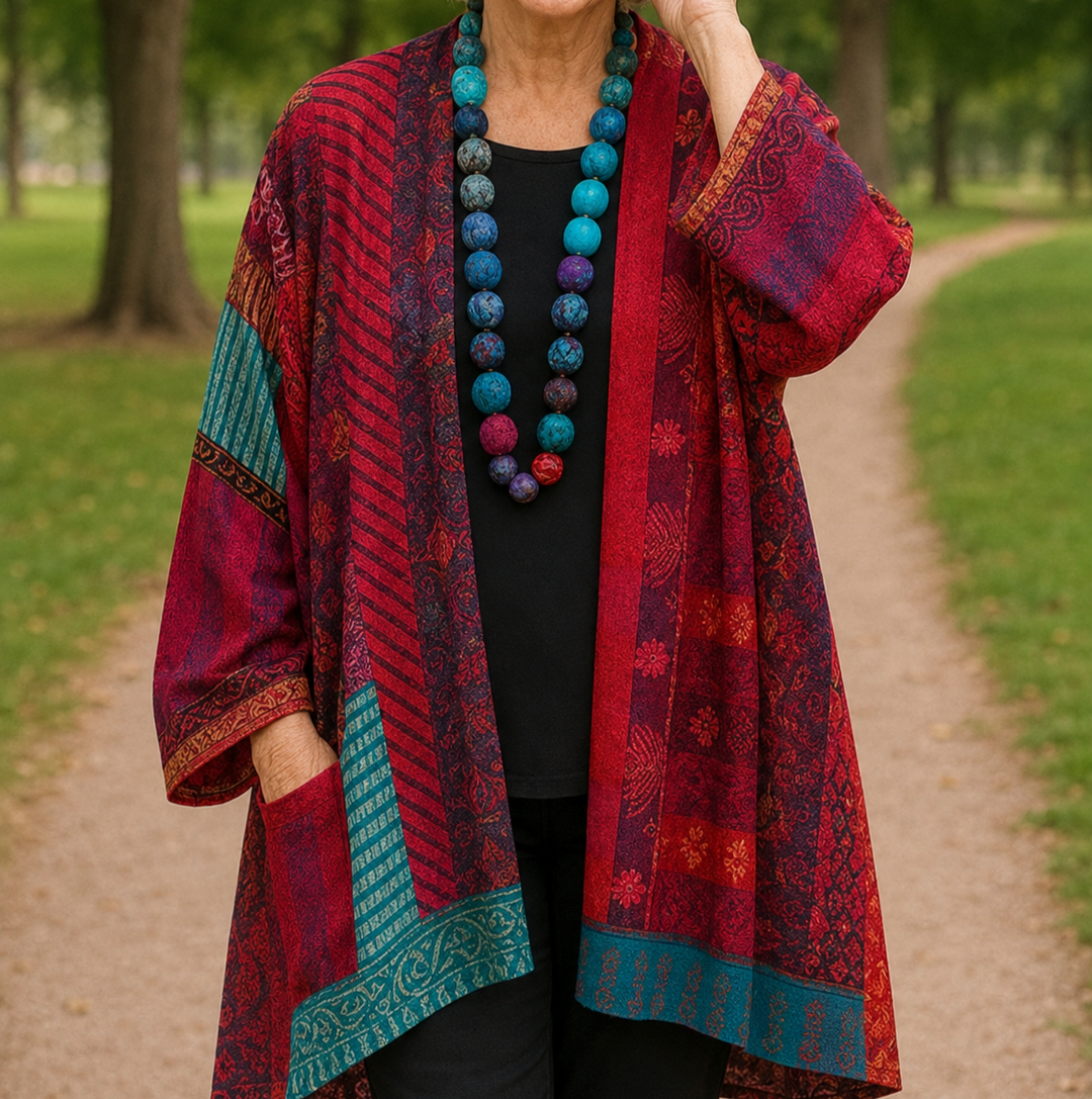 Meredith | Printed Open Cardigan - Red