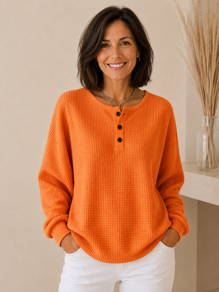 Mirabel | Round Neck Waffle Sweater - Orange