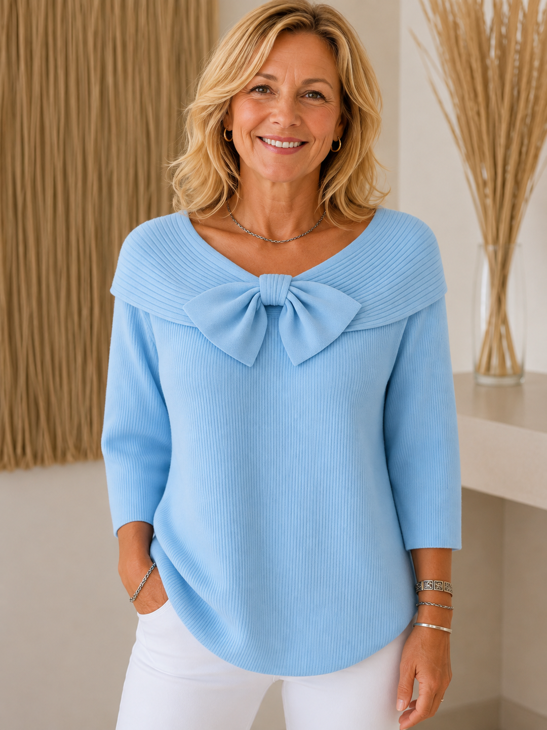 Tivella | Bow Collar Sweater - Blue