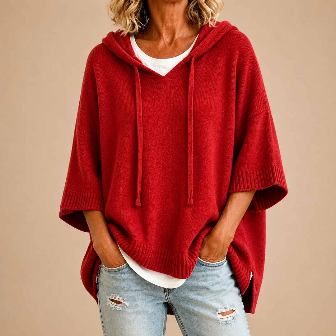 Ottavia | Hooded Poncho Sweater - Red