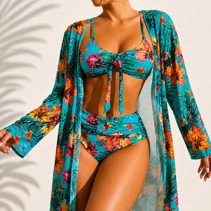 Maddie tropical three piece bikini set with matching kimono
