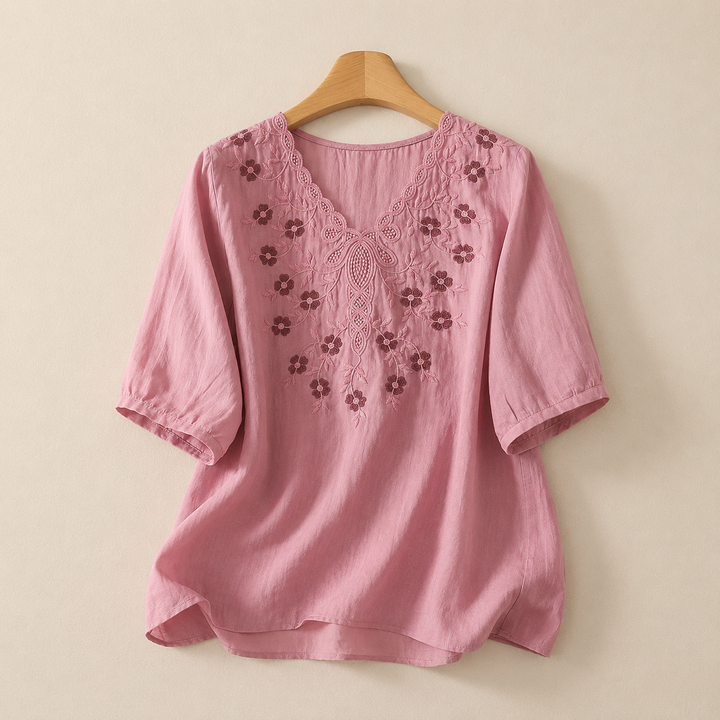 Clara | Embroidered Cotton Linen Blouse - Helen & Olivia Manhattan