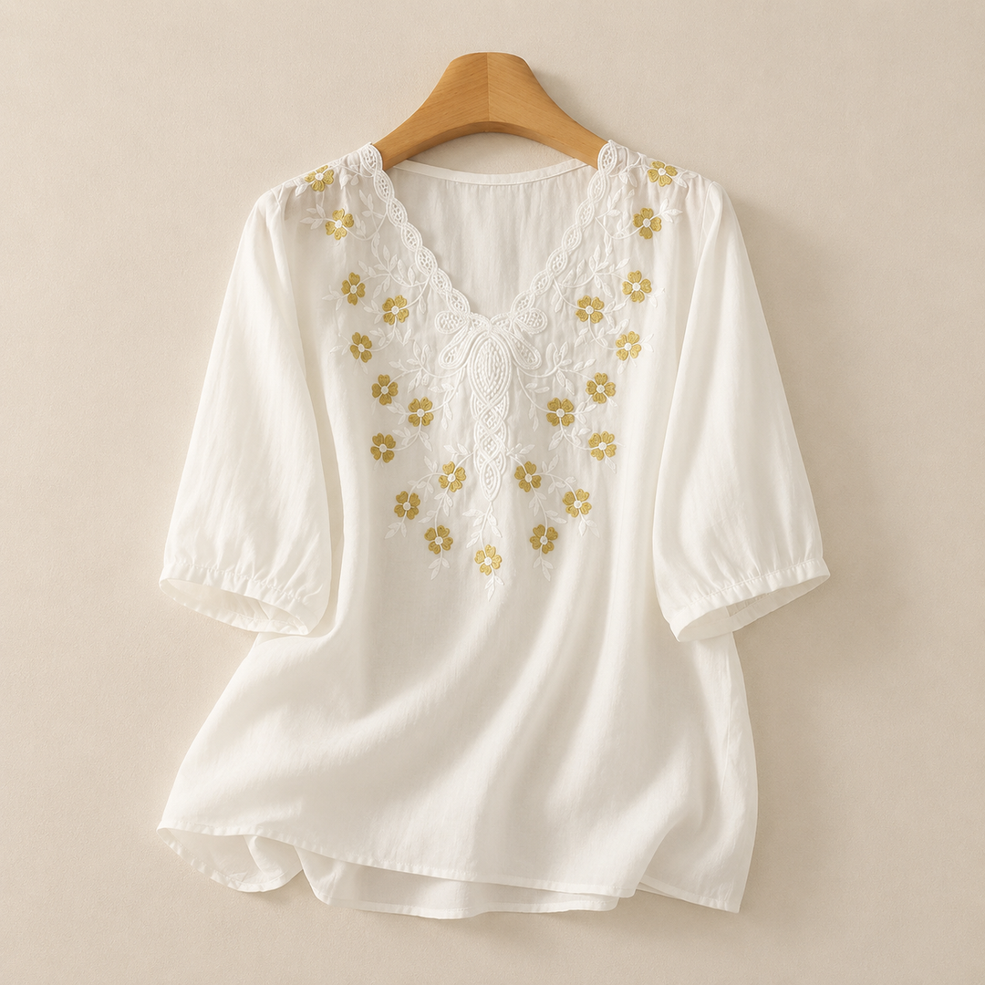 Clara | Embroidered Cotton Linen Blouse - Helen & Olivia Manhattan