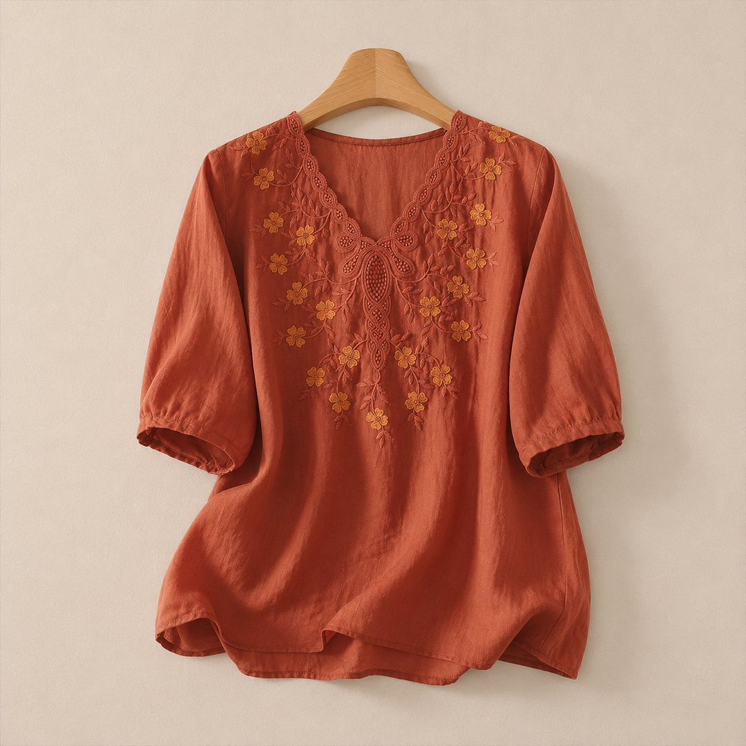 Clara | Embroidered Cotton Linen Blouse - Helen & Olivia Manhattan