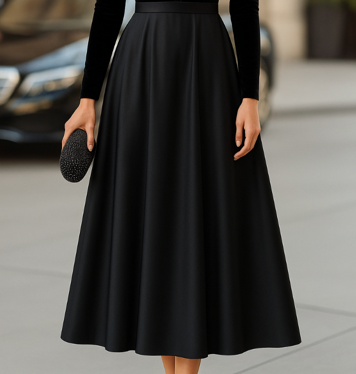 Ava | Elegant Black Velvet & Raso Midi Dress