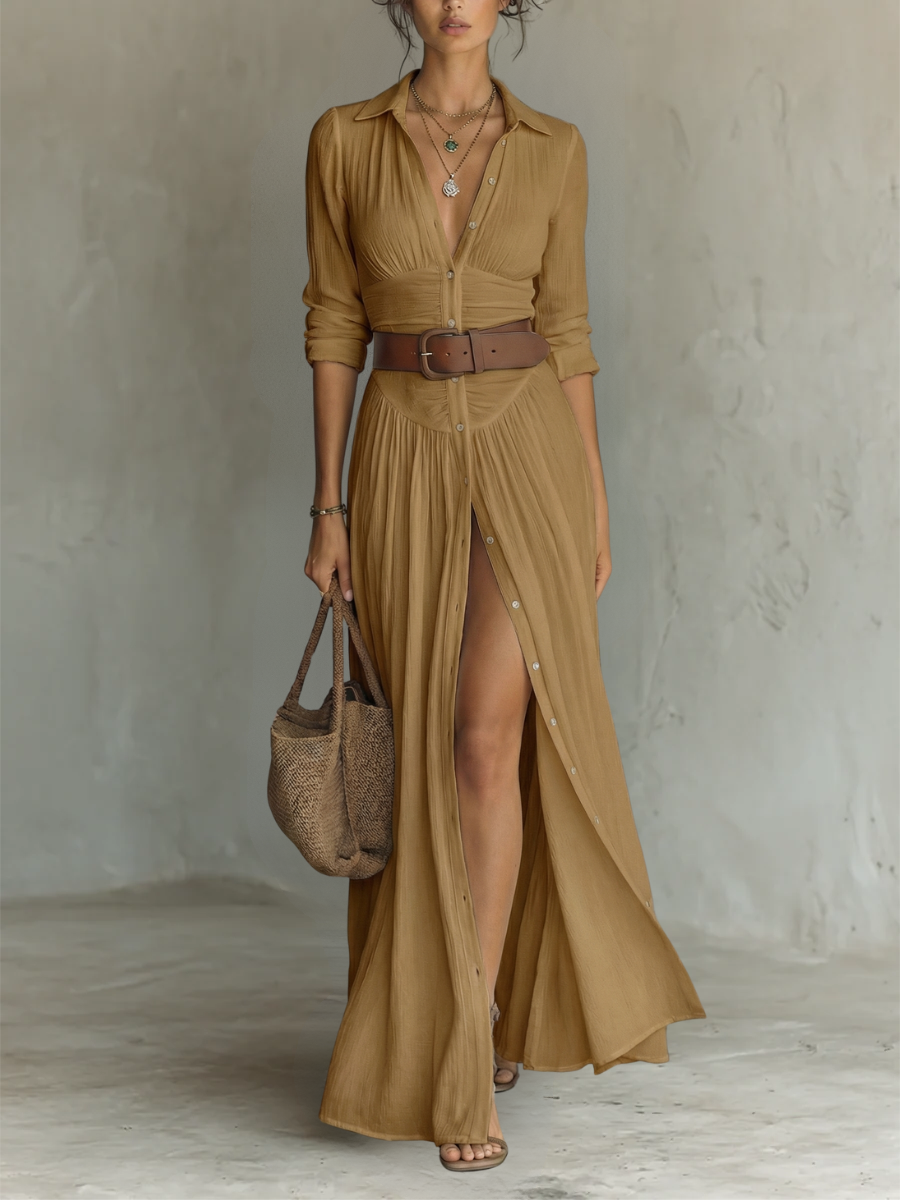 Helenia | Langes Maxi-Kleid mit eingeschnittenem Kragen und langen Ärmeln - Helen & Olivia Manhattan