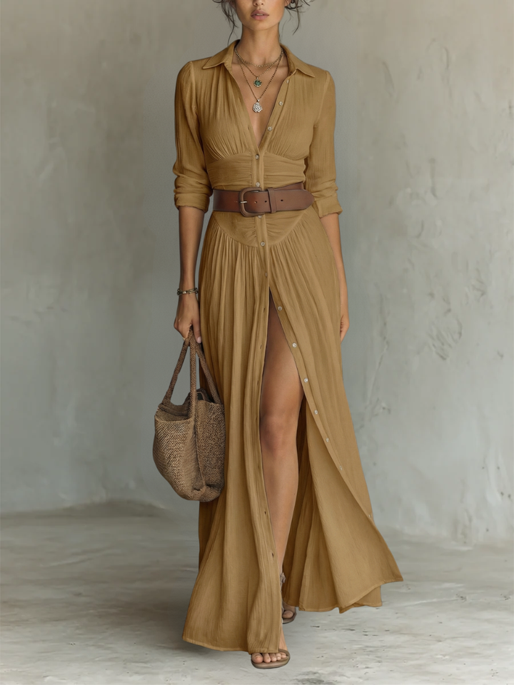 Helenia | Langes Maxi-Kleid mit eingeschnittenem Kragen und langen Ärmeln - Helen & Olivia Manhattan