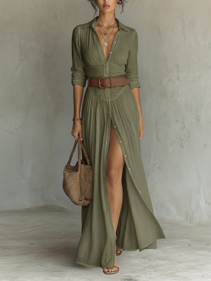 Helenia | Langes Maxi-Kleid mit eingeschnittenem Kragen und langen Ärmeln - Helen & Olivia Manhattan