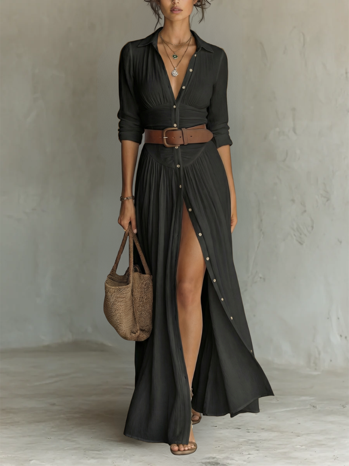 Helenia | Langes Maxi-Kleid mit eingeschnittenem Kragen und langen Ärmeln - Helen & Olivia Manhattan