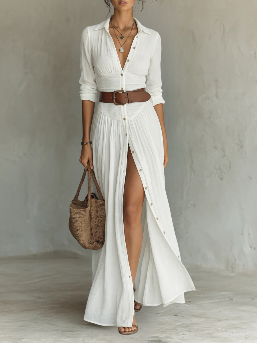 Helenia | Langes Maxi-Kleid mit eingeschnittenem Kragen und langen Ärmeln - Helen & Olivia Manhattan