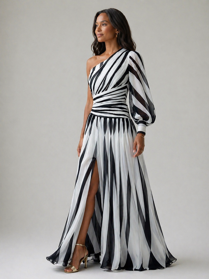 Elegant Striped Maxi Dress with One Shoulder
