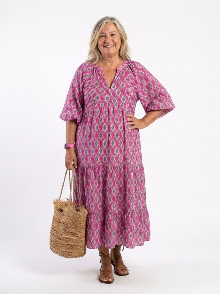 Apolline | Quiet V Neck Three Quarter Sleeve Midi Dress